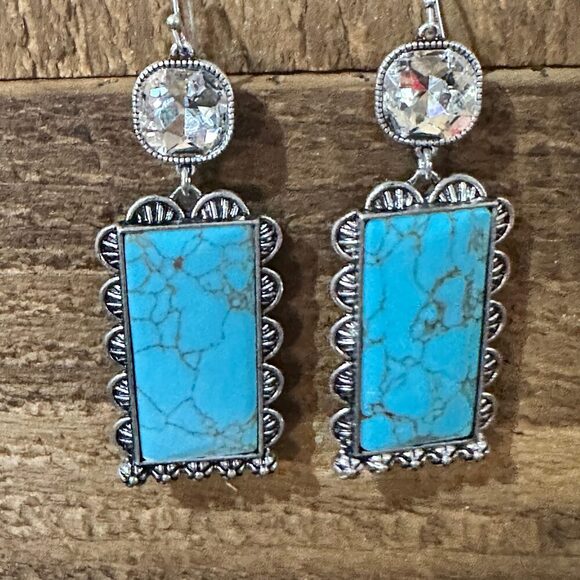 Boho Turquoise Elegance: Crystal-Studded Rectangle Earrings, Gift Box - Picture 8 of 11
